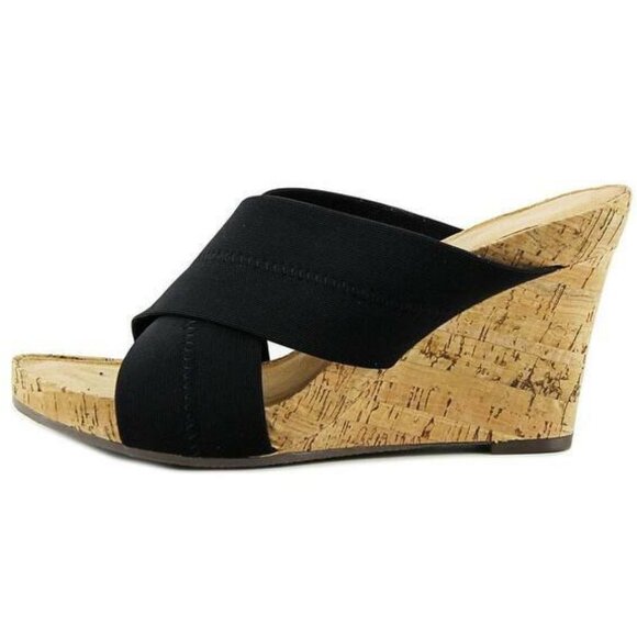 Aerosoles Party Plush Women's Black Stretch Open Toe Cork Wedge Sandal Size 9 - Picture 1 of 10